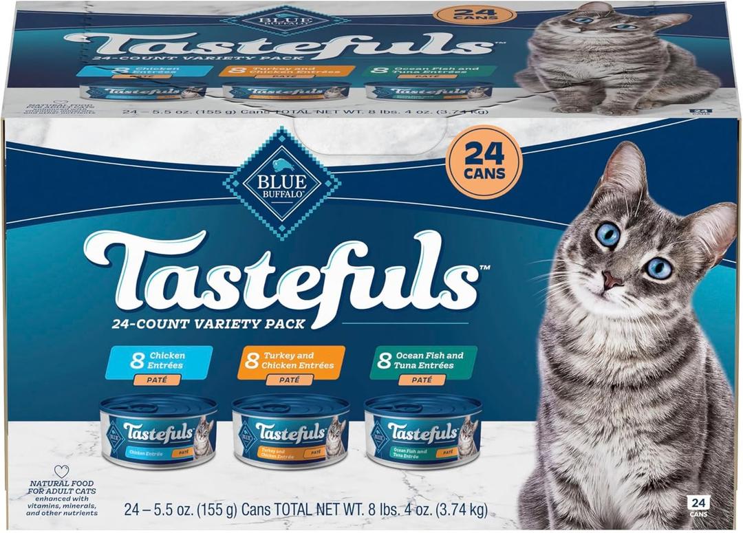 Blue Buffalo Tastefuls Wet Cat Food Paté Variety Pack, Made with Natural Ingredients, Chicken, Turkey & Chicken, Ocean Fish & Tuna Entrées, 5.5-oz Cans (24 Count, 8 of Each) (EXP 04/06/29)