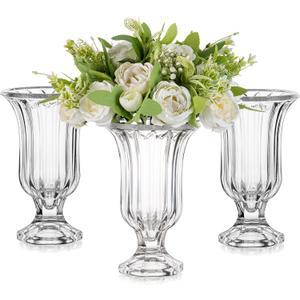 Glasseam Pedestal Glass Vase for Flowers, 7.5in Tall Compote Vase Set of 3, Crystal Clear Vases for Centerpieces, Ribbed Decorative Vases for Home Decor, Cute Footed Urn for Living Room Decorations (Large)