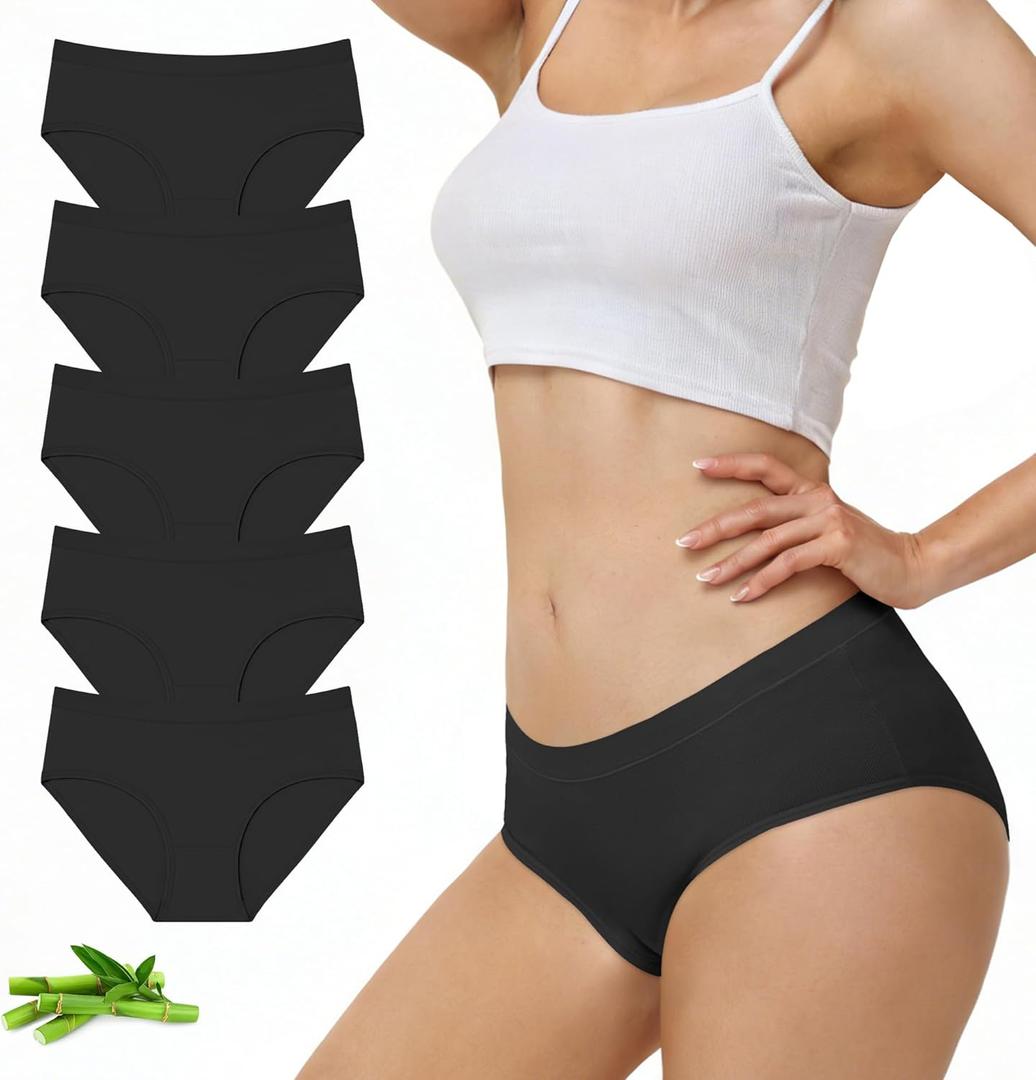 FALARY Womens Underwear,Bamboo Viscose Blend,Moisture-Wicking Briefs, Soft and Breathable Panties, Mid Waist, 5-Pack (Black, M)