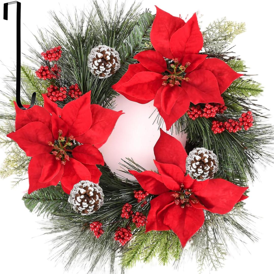 Christmas Wreath for Front Door, 24 Inch Large Outdoor Christmas Wreath with Hangers, Green Pine Xmas Wreath with Red Artificial Poinsettia Flowers for Fireplace Wall Window Home Indoor Decor