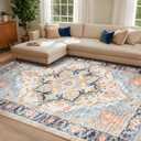 Washable Area Rugs 9x12 Living Room Boho Non Slip Thin Carpet Stain Resistant Vintage Multicolor Printed Oriental Foldable Distressed Rug for Bedroom Indoor House (Skyblue/Apricot/Navy/Ivory)