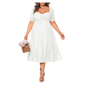 Plus Size Summer Dresses - Sweetheart Neck Drawstring Puff Sleeve Casual Wedding Guest Tiered Aline Flowy Midi Dress
Size 14W