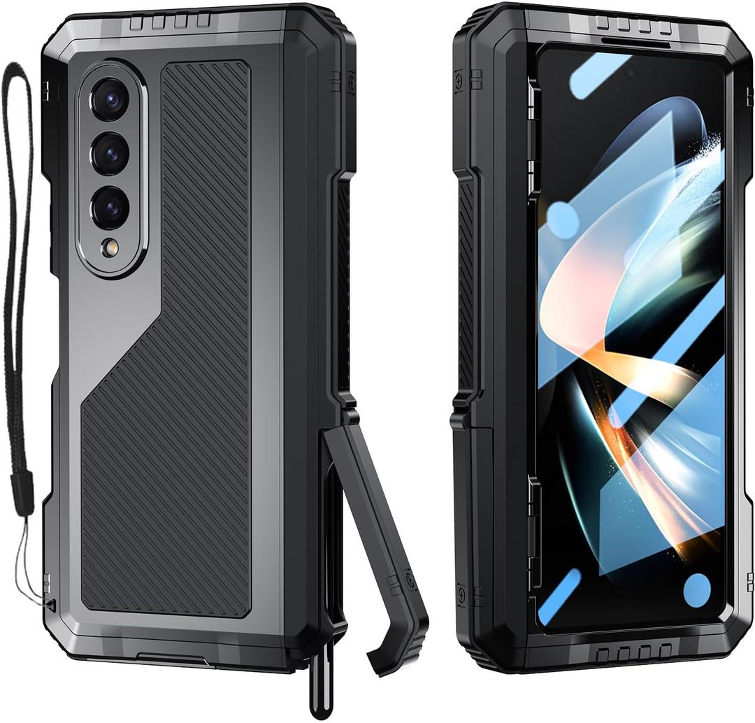Compatible with Samsung Galaxy Z Fold 4 Case with Metal Bumper Premium Rugged Heavy Duty Shockproof Protective [S Pen Holder] [Hinge Protection] [Screen Protector] Stand Cover 5G 2022-Black