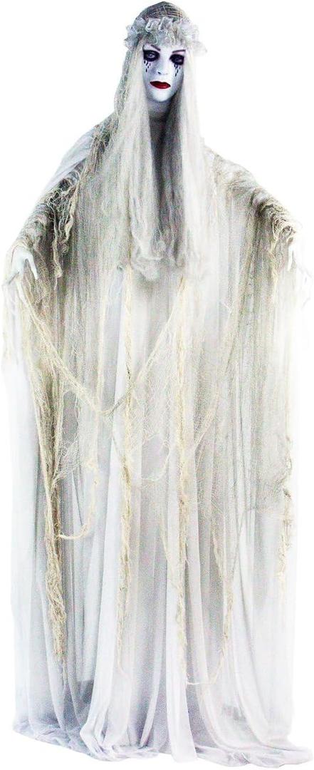 Haunted Hill Farm Life-Size 5.7-Ft Scary Ghost Bride, Halloween Animatronic with Touch Activated Lights and Sound, Battery Operated Indoor or Covered Outdoor Decorations, Creepy Prop