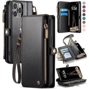 Defencase Compatible with iPhone 15 Pro Case Wallet with RFID Blocking Card Holder for Women Men, Soft PU Leather Magnetic Snap Flip Zipper Strap Wallet Phone Case Fit for iPhone 15 Pro 6.1", Black