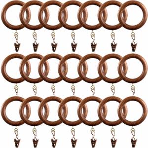 12 Pack Wooden Drapery Curtain Rod Rings with Clips for 1 inch to 1.5 inch Rod Pole, 1.75 inch Inner Diameter, Natural Rosewood (12, 1.75 INCH Inner Dia)