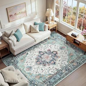 Area Rugs 6'x9' Washable Non-Slip, Floral Vintage Distress Print Pattern Medallion Carpet for Living Room Bedroom Dining Room, Green Navy Blue White Red Teal Colorful