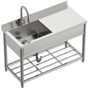 Stainless Steel Utility Sink with Retractable Hot & Cold Faucet, 47.2" Free Standing Single Bowl Sink with Drainboard for Kitchen, Laundry Room, Garage, Farmhouse