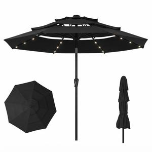 10ft 3-Tier Patio Umbrella with 32 Solar Powered LED Lights, Windproof Outdoor Market Umbrella for Deck, Poolside & Garden, Sturdy Push-Button Tilt Table Umbrella