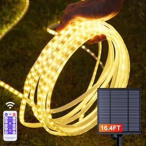 Solar Strip Lights Outdoor Waterproof, 16.4FT 300LEDs Solar & USB Powered LED Strips with Remote, 3000K Warm White LED Strips for Porch Gazebo Balcony Trampoline Garden Decor