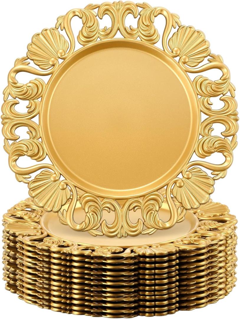 12 Pcs Vintage Gold Charger Plates Bulk 13 Inch Embossed Rim Plastic Round Decorative Plates Charger for Dinner Wedding Party Event Table Setting Decoration (Hollowed out Shell)