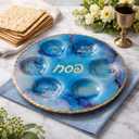 Rite Lite Blue Marble Design Glass Seder Plate for Passover Elegant Round Design with Gold Accents, Hebrew & English Food Labels, Handcrafted 12" Glass Seder Plate, Perfect Pesach Gift