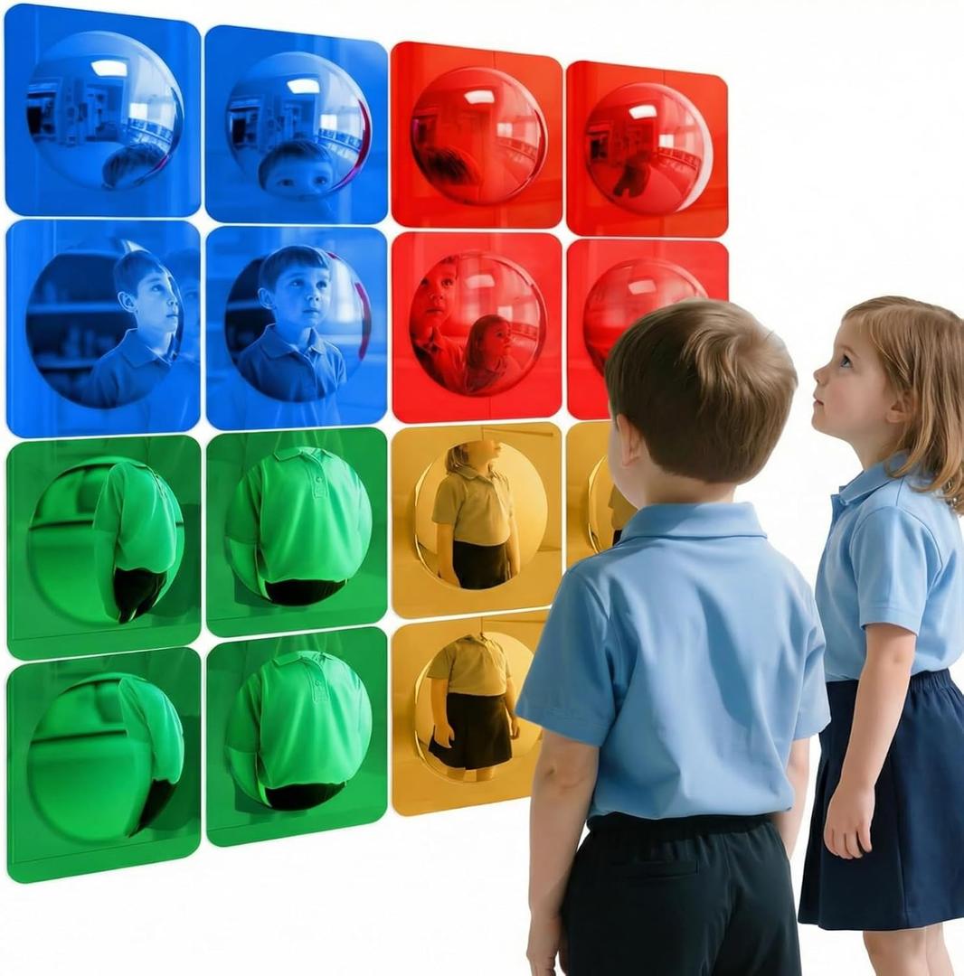 Geiserailie 16 Pcs Acrylic Sensory Wall Bubble Mirror Color Convex Mirror Toys for Preschool Classroom, Daycare Calming Corner Supplies Pet Enrichment (6.4 x 6.4 Inch,Red,Yellow,Green,Blue)