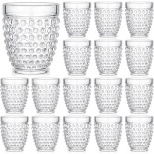Tanlade Set of 16 Hobnail Drinking Glasses, 10.2 oz Vintage Drinking Glasses Acrylic Wine Cups Old Fashioned Cup Drinkware Glassware Cups for Water Beverage Juice Drink Beer Cocktail Soda