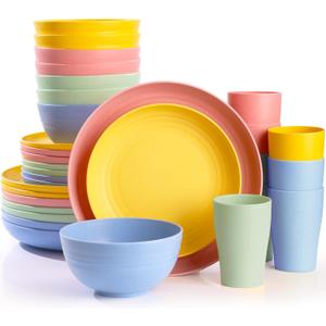 32 pcs Unbreakable Lightweight Wheat Straw Dinnerware Sets for 8, Reusable Kids Plates and Bowls Sets Non Toxic, Microwave and Dishwasher Safe Plastic Dishes Set, Camping RV Picnic Dishes (Pinnk, yellow, light green, blue)