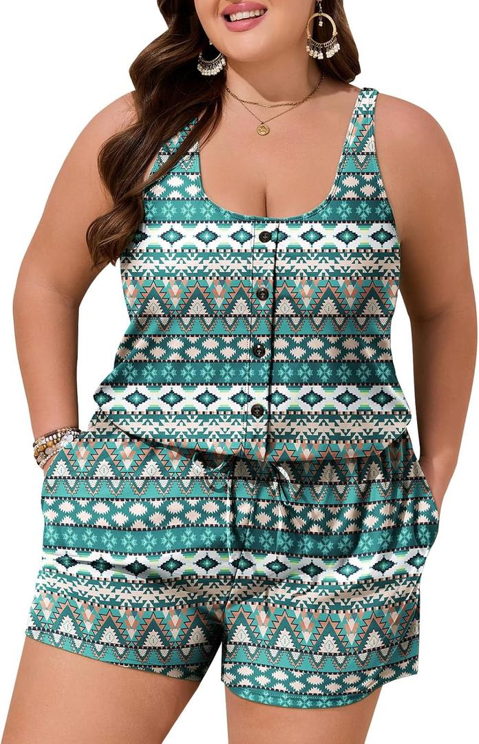 Summer Mae Plus Size Swim Romper One Piece Swimsuit Women Blouson Bathing Suit with Pockets 2025 Modest Swimwear, Green Floral Print 