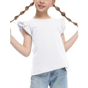 Girls T Shirts Ruffle Shrit Plain Blank Tank Tops Short Sleeve Cotton Tshirts Basic Blouse, 140