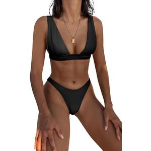 Bathing Suits for Women Deep V Neck Sexy Two Piece Bikini Sets for Women Thong Halter Cheeky Swimsuit (Large, Black)