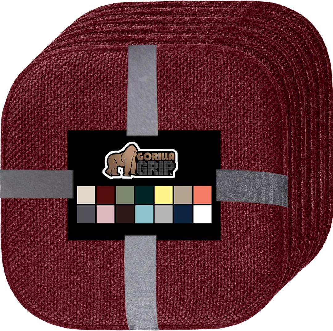 GORILLA GRIP Slip Resistant Chair Cushions, No Ties Required, Set of 6 Memory Foam Pads for Dining Room, Kitchen Table, Office, Rocking Chairs, Plush Seat Cover Cushion Pad, Home Decor, 16x16, Wine
