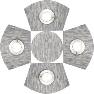 SHACOS Round Table Placemats Set of 5 Woven Vinyl Wedge Placemats with Centerpiece Round Table Mats Heat Resistant Wipe Clean (5, Silver Grey)