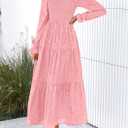 PRETTYGARDEN Wedding Guest Dresses for Women Floral Long Sleeve Smocked Tiered Elegant Long Flowy Boho Dress (Pink,Small) (Pink, S)