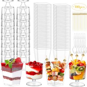 Mwellewm 100Pcs Dessert Cups with Spoons&Cocktail Picks 5 Oz Mini Clear Plastic Parfait Shooter Cup Round Small Round Serving Goblet Disposable Appetizer Fruit Desert Bowl for Party Charcuterie (300Pcs)
