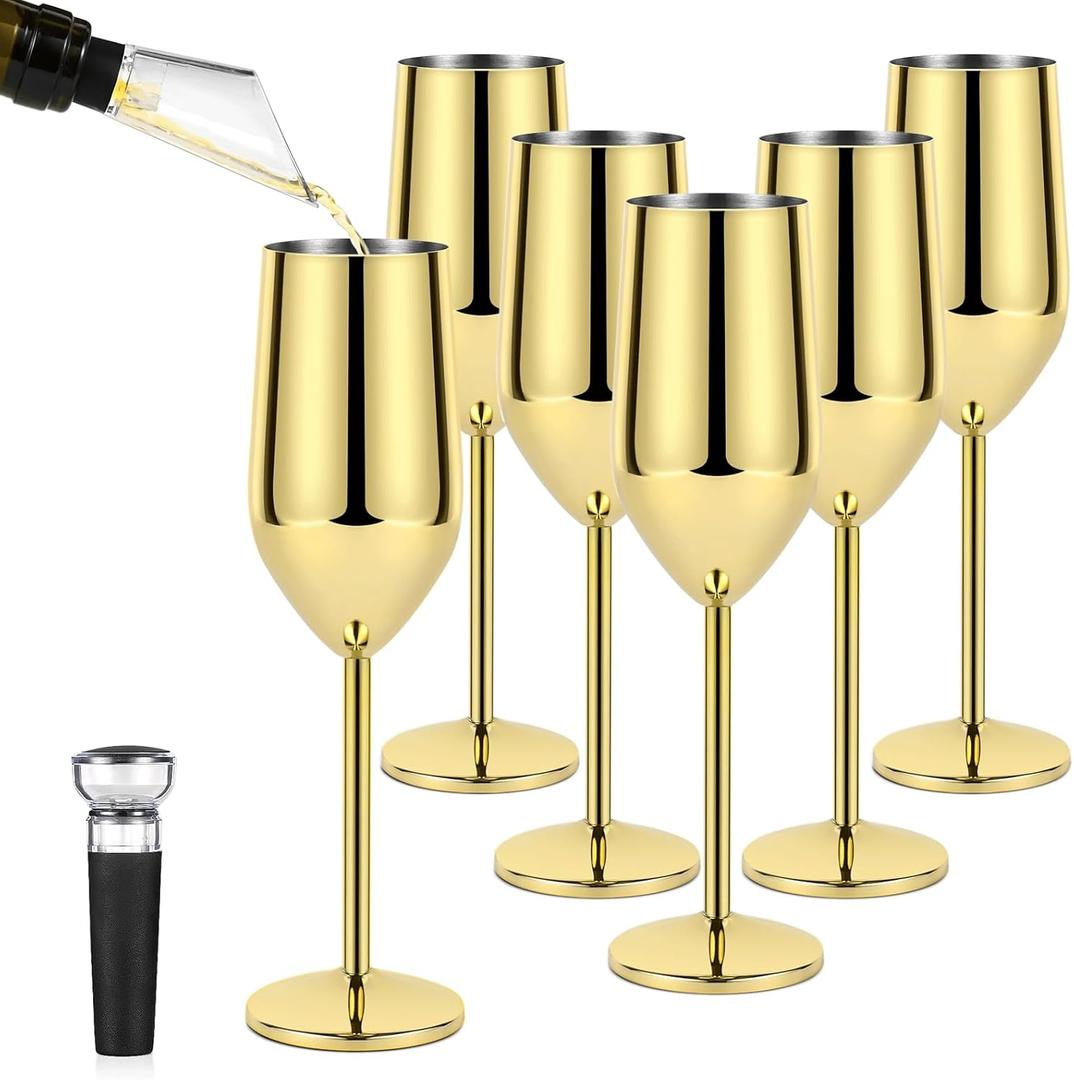 Lifecapido 6 Pack Stainless Steel Champagne Glasses, 8oz Elegant Stainless Steel Champagne Flutes, Stemmed Unbreakable Champagne Glasses for Party Wedding Christmas Anniversary, Gold Lifecapido 6 Pack Stainless Steel Champagne Glasses, 8oz Elegant Stainless Steel Champagne Flutes, Stemmed Unbreakable Champagne Glasses for Party Wedding Christmas Anniversary, Gold