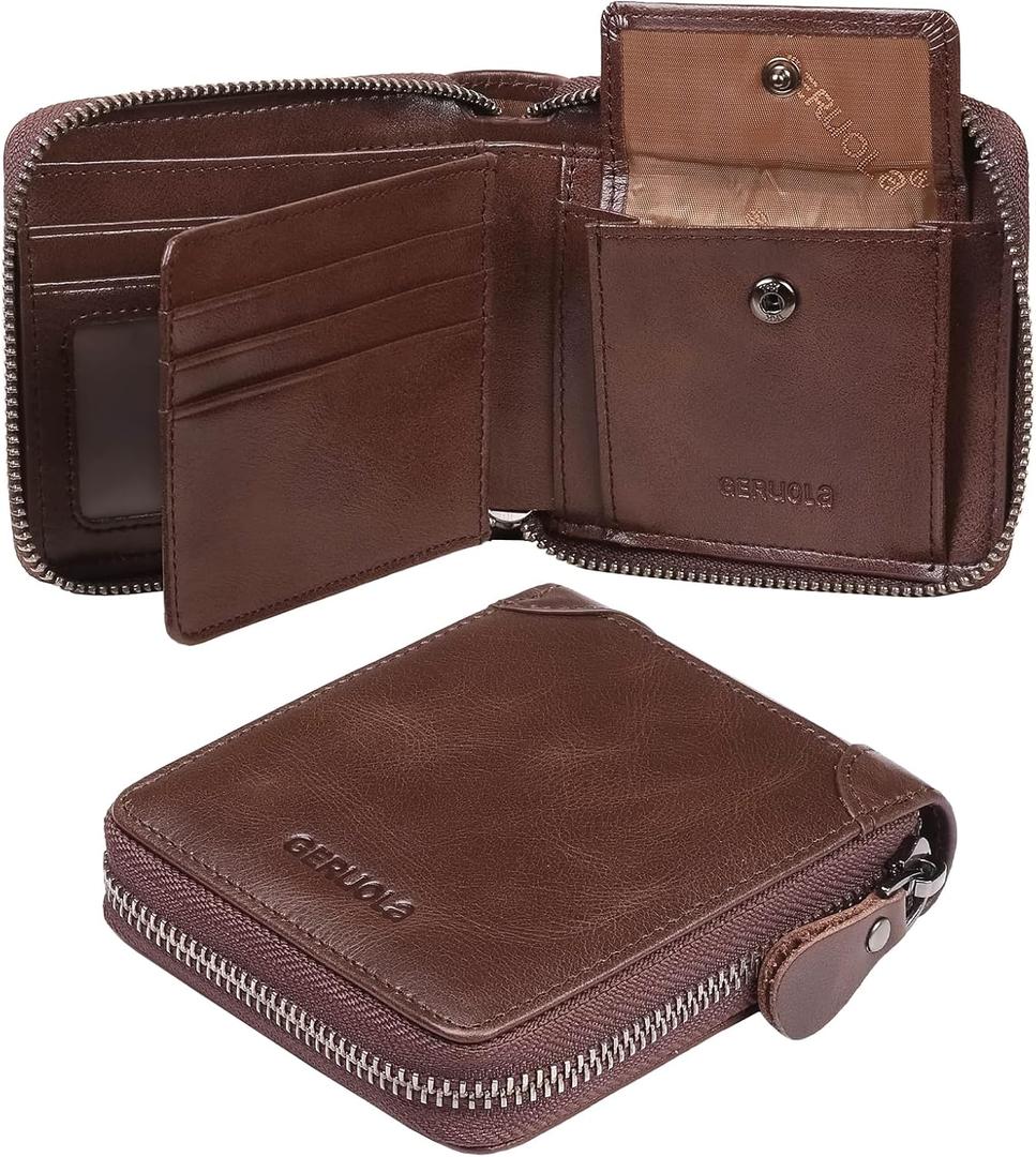 Men's Shielded Wallet Zipper Leather Wallet Men's Bifold RFID Card Case Wallets for Men (Z-Coffee)
