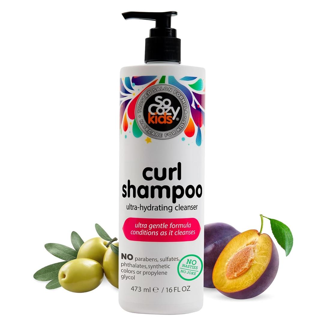 SoCozy Curl Shampoo for Kids Curly Hair (16 Fl Oz Pump) Gentle Hydrating Cleanser, Helps Improve Elasticity, Reduce Breakage & Frizz with Keratin, Plum Seed Oil & Olive Oil, Paraben & Sulfate-Free