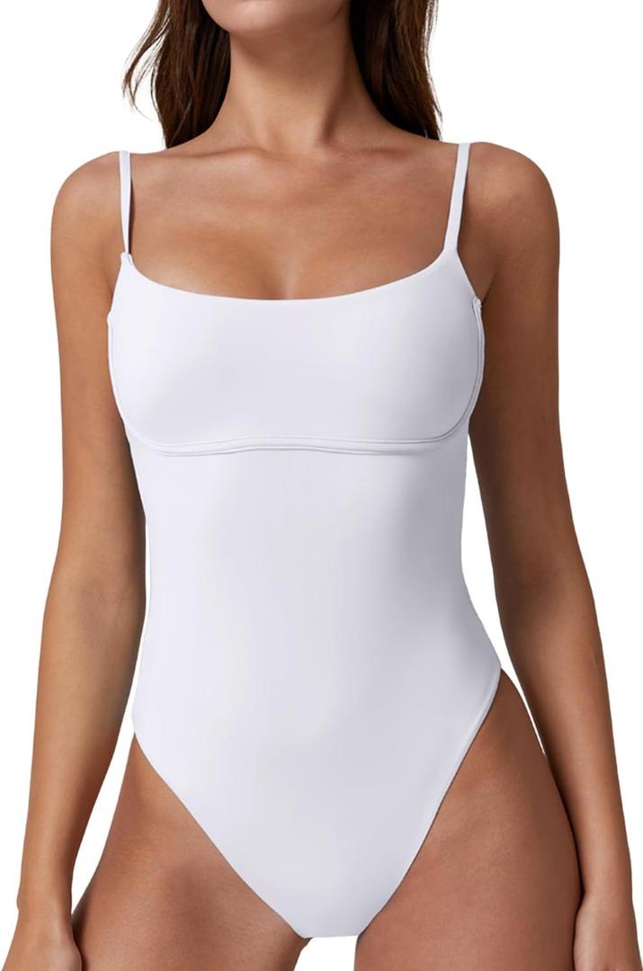 QINSEN Womens Seamed Cup Spaghetti Straps One Piece Bathing Suits Tummy Control Cheeky Swimsuit (X-Large, White)