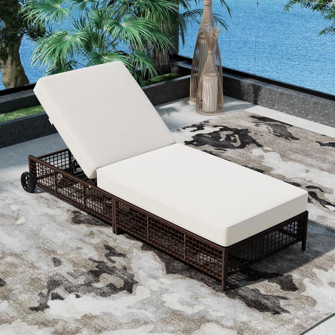 Outdoor Patio Chaise Lounge with Wheels and 5-Position Backrest, Rattan Lounge Chair w/Cushion for Poolside, Backyard, Garden,Grey+Beige (1 Piece)