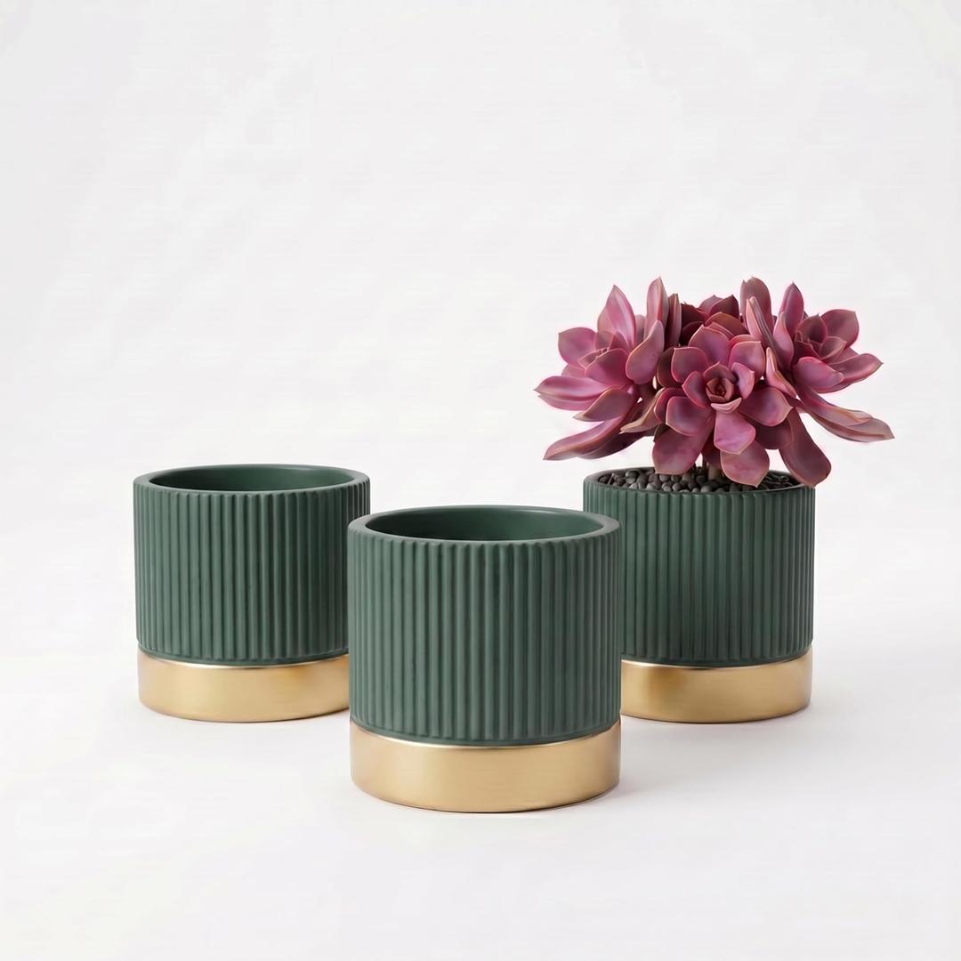 3-Pcs 4 Inch Cement Planters Set - Vintage Ribbed Flower Pots with Gold Rim and Drainage Holes, Modern Ceramic Succulent Pots, Small Plant Containers for Home, Office, Desk Decor, Green