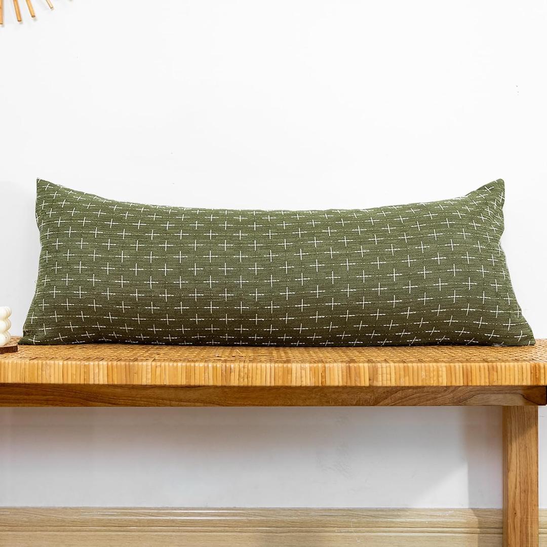 JoraLion Decorative 14x36 Lumbar Pillow Cover, Olive Green Cross Pattern Woven Textured Cushion Case Polyester Cozy Modern Farmhouse Vintage Pillowcase for Couch Sofa Bed Living Room, Pack of 2