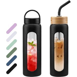WINSA 24 oz Glass Water Bottle, Glass Tumbler with Straw, Reusable Drinking Bottles with 2 Lids-Handle Lid&Bamboo Straw Lid, Silicone Sleeve, for Sports, Home,1 Pack-Black