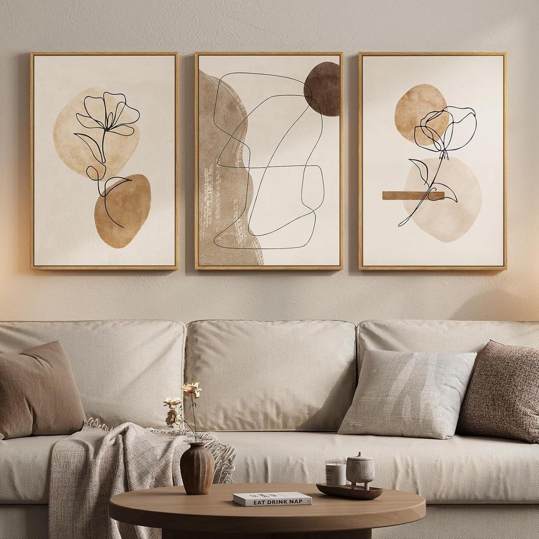 Framed Neutral Abstract Boho Wall Art Bedroom, 3 Piece Brown Black Botanical Minimalist Floral Lines Canvas Artwork for Walls, Modern Bohemian Pictures for Living Room Home Office Wall Decor, 16x24 In