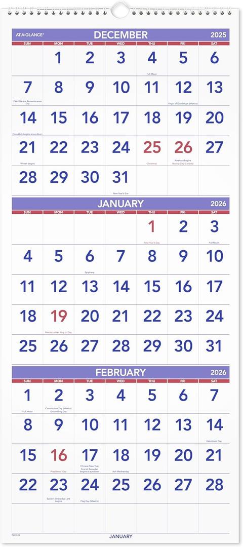 AT-A-GLANCE 2026 Wall Calendar, 12" x 27", Large, Vertical, 3-Month Reference (PM112826)
