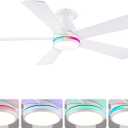 52" Flush Mount RGB Ceiling Fans with Lights - White Low Profile Ceiling Fan Light with Remote/APP, RGB+3CCT 6 Wind Speeds and Reversible, Modern Fan Light Fixture for Party, Kiad's Room