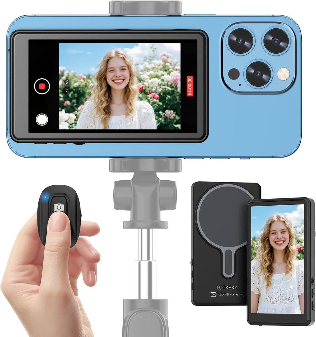 Vlog Selfie Monitor Screen iPhone, 4K 60fps Recording, Wireless Screen Mirroring with Remote Control, Magnetic Fixation, 180 Rotation, 3 Levels of Brightness, Compatible with iPhone & Android