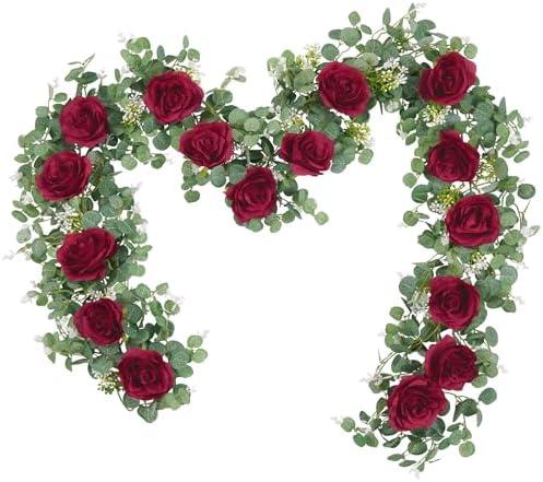 Dolicer 2Pcs 13Ft Artificial Eucalyptus Garlands with Flowers - 8 Roses, Faux Floral Greenery Garlands Fake Flowers Vines for Wedding Table Centerpieces Arch Party Ceremony Backdrop Decor (Red)