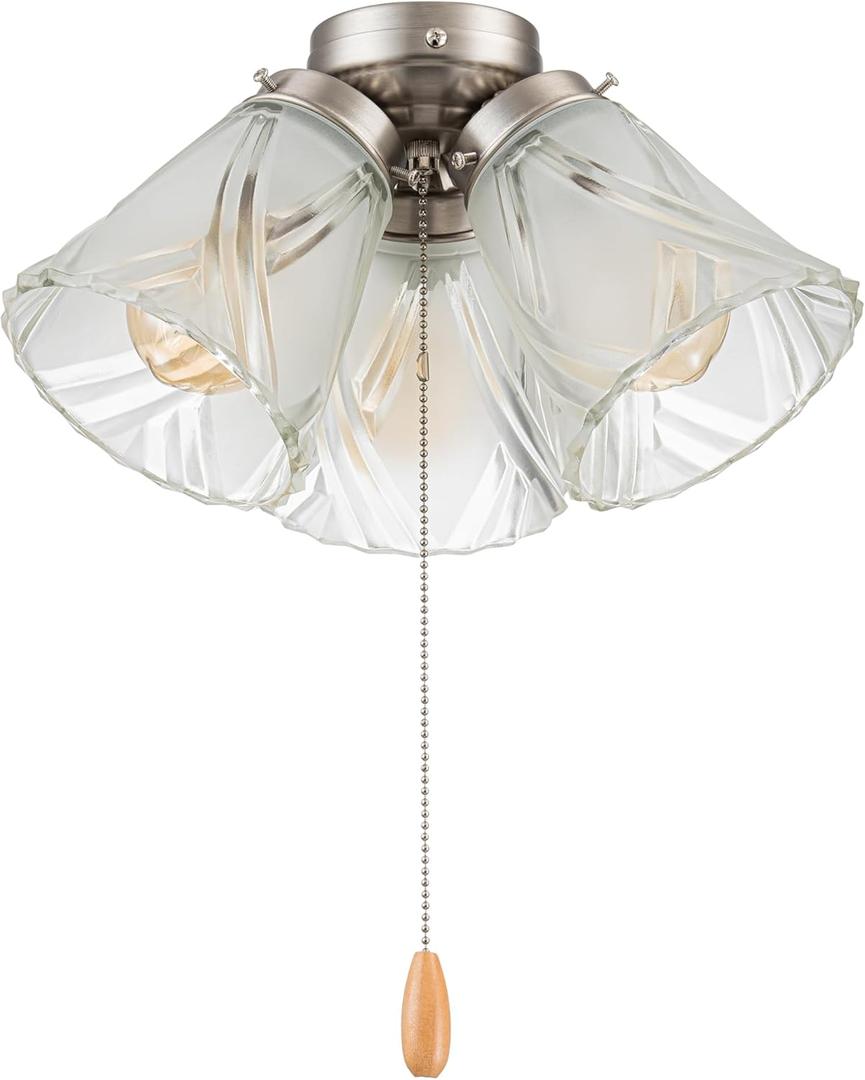 Aspen Creative 22011-3, Three-Light Ceiling Fan Light Kit with Pull Chain, Brushed Nickel Finish with Frosted and Clear Glass Shades, 14" Diameter x 7-3/8" Height,Brushed Nickel