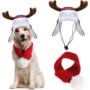 Christmas Antler Check Dog Santa Hat and Xmas Pet Red Knit Scarf with White Pompom Ball - Winter Neck Warmer and Festive Party Dress-up for Pets (Large)