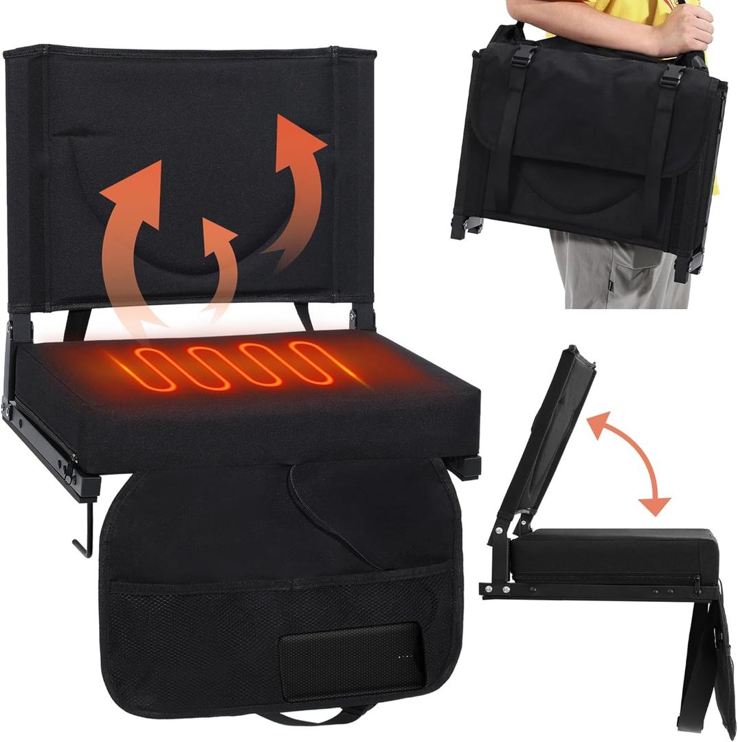 Heated Stadium Seats with Backrest and Cushion, Portable and Lightweight, Ideal for Camping, Beach, Sporting Events, Folds to Compact Size, Extra Wide, USB Battery Not Included (Heated-black-1pc)