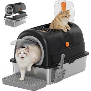 OLIXIS Stainless Steel Litter Box with Lid, Extra Large Enclosed Cat Litter Pan for Big Cats, High Sided Cat Box with Scoop & Mat, Front & Top Entry, Black
