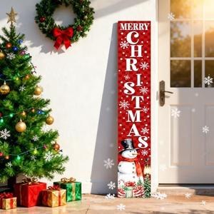 Merry Christmas Porch Sign, 47 Inch Wooden Christmas Snowflake Welcome Sign for Front Door Decorations, Red Rustic Farmhouse Hanging Standing Porch Leaner Signs Xmas Yard Decor for Garden Home