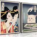 2Pcs Cute Funny Japanese Cat Wall Art Woman Yelling at Cat Posters Prints Vintage Japanese Canvas Paintings japanese Wall Decor Pictures Living Room Dining Room Kitchen Decoration Unframed