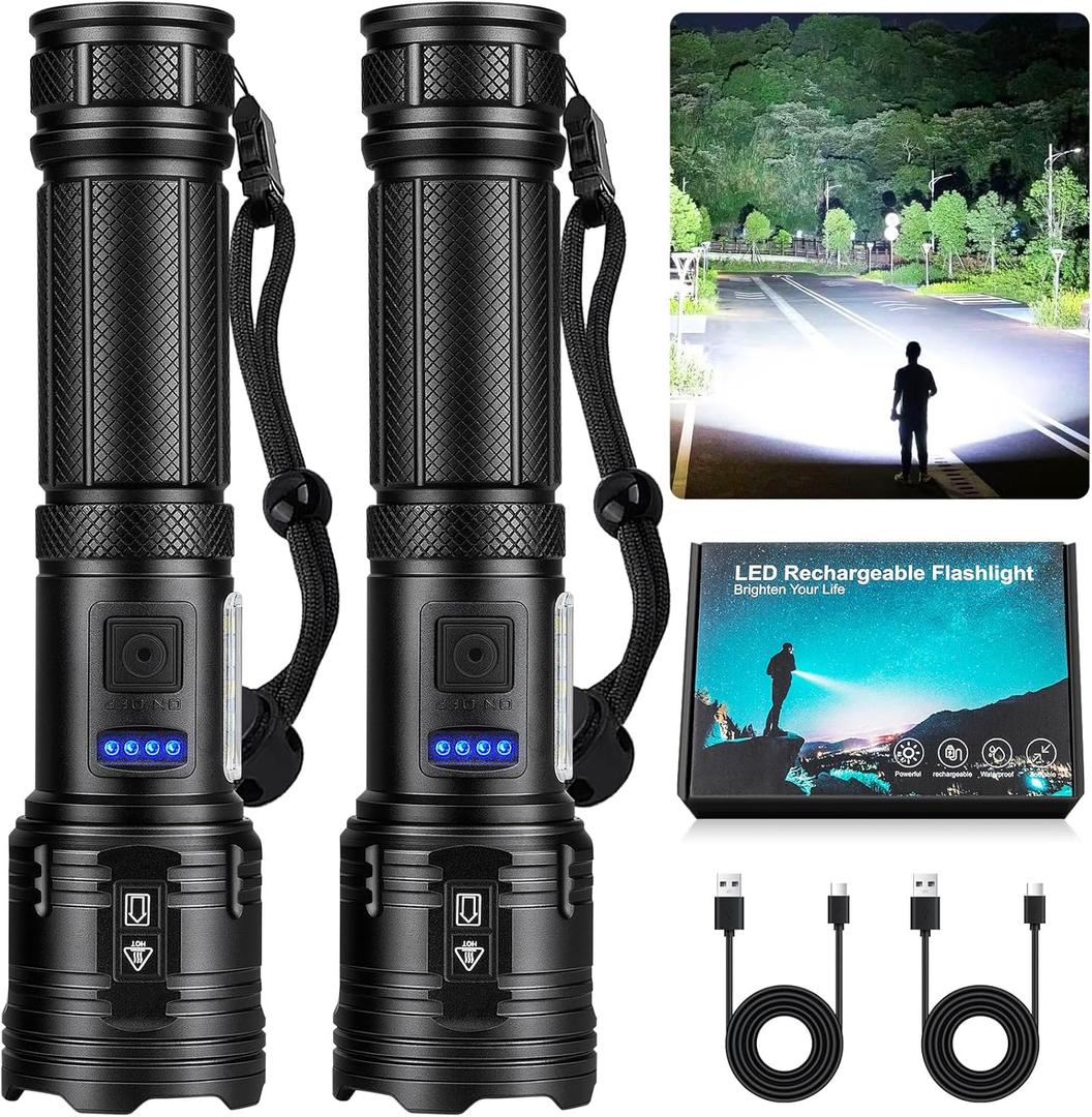 Bitlyle Rechargeable LED Flashlights High Lumens, 99, 000 Lumens Super Bright Flashlight 7 Modes w/ COB Work Light, Powerful Flash Light for Outdoor Emergency Hiking Camping