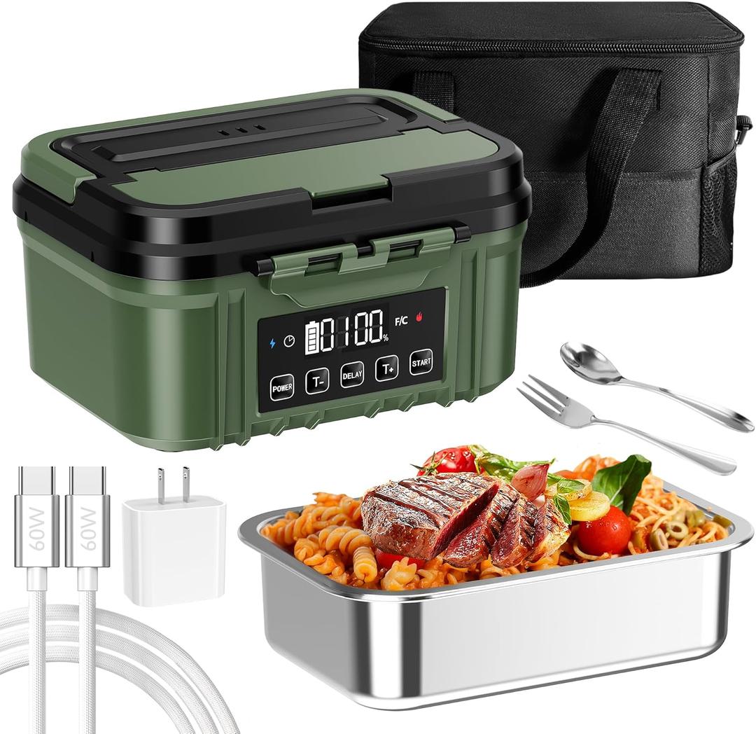 Cordless Electric Lunch Box for Adults  Battery-Powered Heated Lunch Box with 1.2L Stainless Steel Container, Timer Function, and Leak-Proof Food Warmer for Work, Travel & Office (Green)
