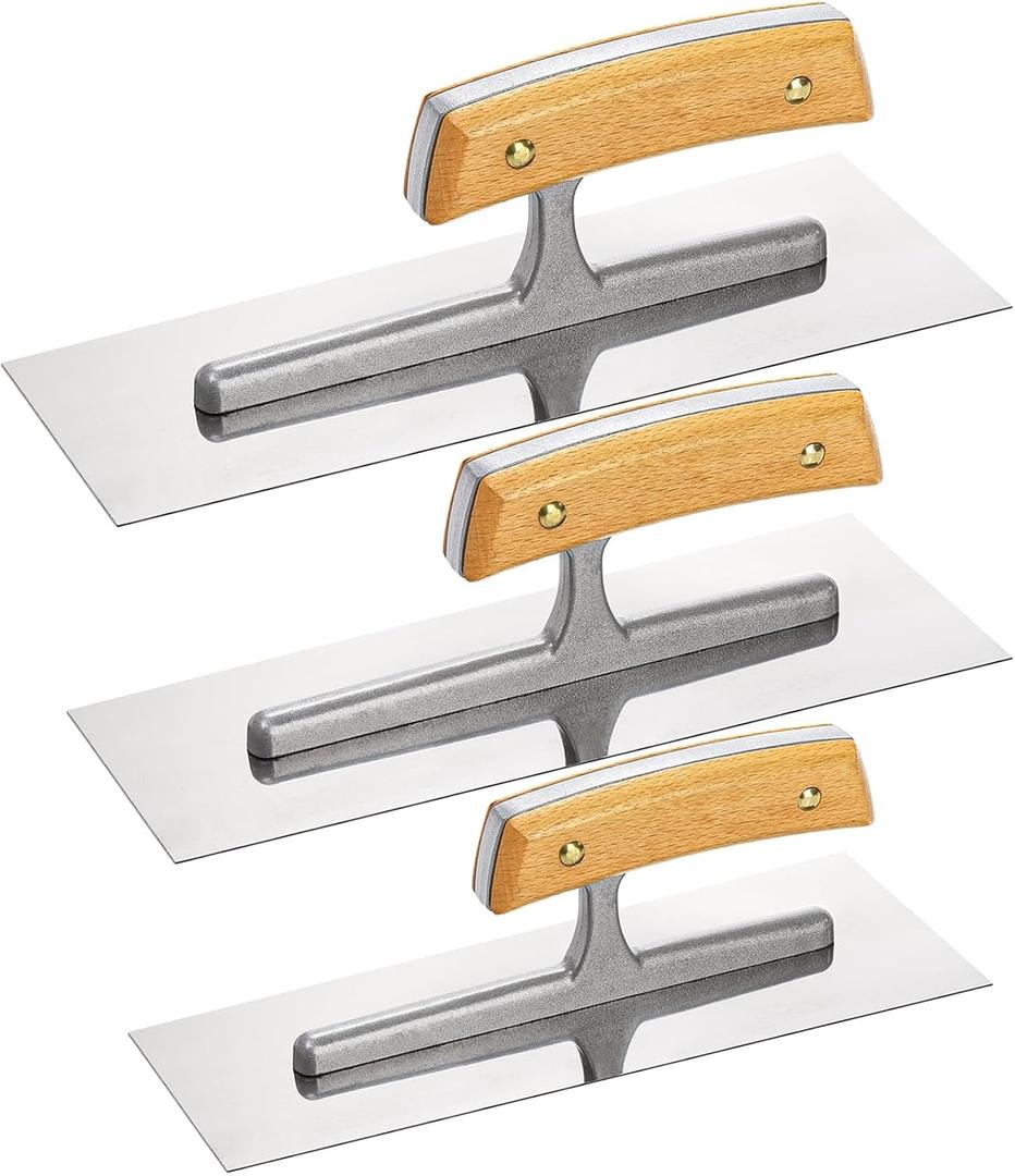 Peohud 3 Pieces Flat Drywall Trowel, Stainless Steel Plastering Trowel, Masonry Finishing Trowel Sets with Wood Handle for Concrete, Cement