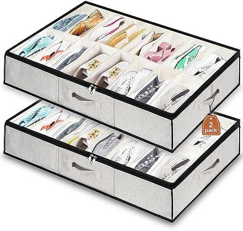 Shoe Storage Organizer Under Bed, 2 Pack Fits 32 Pairs, Extra Large Shoe Container, Breathable Fabric Underbed Storage for Sneakers, Slippers, Closet, Grey