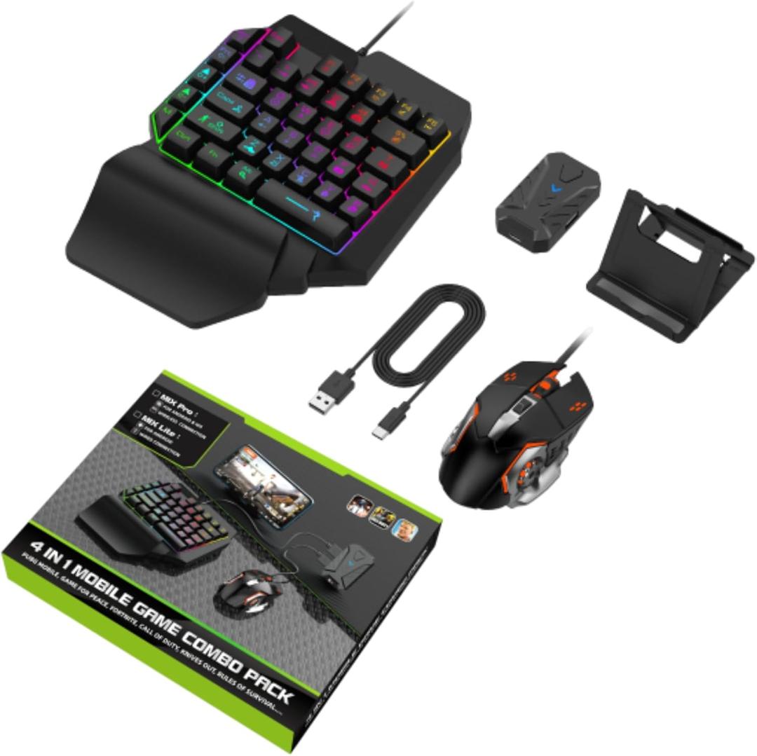 Half Hand Gaming Keyboard and Mouse Combo, 4 in 1 Mobile Game Combo Pack, Mobile Gamepad Controller, One Handed Gaming Keyboard, Mouse Converter, Adjustable Phone Stand